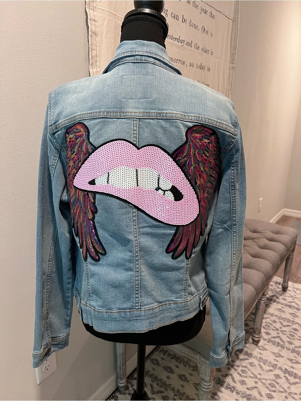 Light Wash Denim Jacket with Pink Sequin Lip & Wing Patch